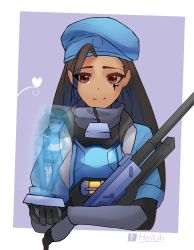 Rule 34 | 2girls, aged down, ahoge, alternate costume, ana (overwatch), armor, artist name, beret, black hair, border, braid, brown eyes, captain amari, child, dark-skinned female, dark skin, facial mark, facial tattoo, gun, happy, hat, heart, hentaki, highres, holding, holding gun, holding weapon, hologram, long hair, looking at another, mother and daughter, multiple girls, official alternate costume, overwatch, overwatch 1, pharah (overwatch), purple background, rifle, side braids, signature, smile, sniper rifle, tattoo, upper body, v arms, watermark, weapon, white border