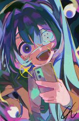 1girl blue_eyes blue_hair blue_necktie brown_jacket close-up collared_shirt eyepatch from_above grin hand_on_own_hip hand_up hatsune_miku holding holding_phone jacket long_hair looking_at_viewer medical_eyepatch monitoring_(vocaloid) necktie one_eye_covered open_clothes open_jacket phone school_uniform senzzang shirt signature smile sparkling_eyes teeth tie_clip twintails white_shirt wide-eyed