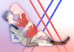 Rule 34 | 10s, 1boy, 1girl, black hair, black pantyhose, blue eyes, boots, brown footwear, commentary request, couple, crossed legs, darling in the franxx, face-to-face, fringe trim, green eyes, hair ornament, hairband, hetero, hiro (darling in the franxx), horns, hug, long hair, long sleeves, looking at another, military, military uniform, necktie, oni horns, orange neckwear, pantyhose, pink hair, red horns, red neckwear, shoes, short hair, socks, straddling, uniform, upright straddle, user cpzk3858, white footwear, white hairband, zero two (darling in the franxx)