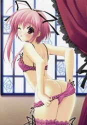 Rule 34 | 1girl, :p, absurdres, ass, blush, curtains, frilled thighhighs, frills, fujisaki amane, highres, lingerie, one eye closed, panties, panty pull, pink eyes, pink hair, purple eyes, short hair, short hair with long locks, solo, stellar theater, suzuhira hiro, thighhighs, tongue, tongue out, underwear, window, wink