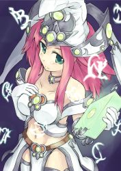 Rule 34 | 1girl, book, breasts, collar, duel monster, elbow gloves, gloves, green eyes, hand on own chest, hat, high priestess of prophecy, long hair, looking at viewer, magical erudite junon, normaland, pink hair, solo, white theme, wizard hat, yu-gi-oh!