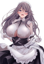 Rule 34 | 1girl, apron, azur lane, blush, breasts, charybdis (azur lane), clothing cutout, commentary request, dress, elbow gloves, gloves, grey eyes, grey hair, highres, huge breasts, long hair, looking at viewer, maid headdress, sleeveless, smile, solo, underboob cutout, white background, white gloves, yuuki shuri