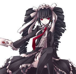 Rule 34 | 10s, 1girl, ace (playing card), ace of diamonds, black hair, black thighhighs, card, celestia ludenberg, danganronpa: trigger happy havoc, danganronpa (series), diamond (shape), dress, drill hair, expressionless, frills, gothic lolita, lolita fashion, long hair, necktie, pale skin, playing card, red eyes, sitting, solo, syarute, thighhighs, twin drills, twintails, white background