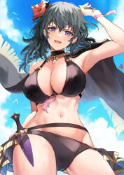 Rule 34 | 1girl, arm up, bikini, black bikini, blue eyes, blue hair, blue sky, breasts, byleth (female) (fire emblem), byleth (female) (summer) (fire emblem), byleth (fire emblem), cleavage, cloud, dagger, fire emblem, fire emblem: three houses, fire emblem heroes, flower, gluteal fold, hair flower, hair ornament, highres, knife, large breasts, nakabayashi zun, nintendo, official alternate costume, open mouth, revision, sheath, sheathed, sky, solo, swimsuit, weapon