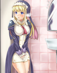Rule 34 | 1girl, ascot, bathroom, between legs, blonde hair, blue eyes, blush, bow, breasts, dress, eari (shining hearts), habit, hand between legs, have to pee, highres, himaneko, indoors, large breasts, lips, long hair, long sleeves, mirror, nun, open mouth, own hands together, puffy long sleeves, puffy sleeves, red ascot, shining (series), shining hearts, sink, solo, standing, steam, sweat, v arms, white bow, white dress