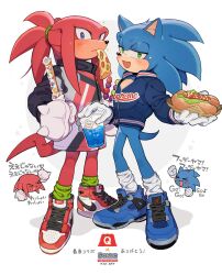Rule 34 | 2boys, alternate costume, alternate hairstyle, animal ears, black jacket, blue footwear, blue fur, blue jacket, chibi, chibi inset, copyright name, cup, disposable cup, food, food in mouth, full body, furry, furry male, gloves, green eyes, green socks, grey jacket, highres, holding, holding cup, holding food, hot dog, jacket, knuckles the echidna, looking at viewer, multicolored clothes, multicolored jacket, multiple boys, open mouth, partially unzipped, pizza, pizza slice, purple eyes, red footwear, red fur, red jacket, shoes, sk rokuro, sneakers, socks, sonic (series), sonic the hedgehog, tail, translation request, two-tone footwear, white background, white footwear, white gloves, white socks
