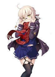 Rule 34 | 1girl, absurdres, adjusting eyewear, artoria pendragon (fate), besmiled, black hoodie, black ribbon, black thighhighs, blue shirt, blue skirt, closed mouth, commentary request, fate/grand order, fate (series), garter straps, glasses, hair between eyes, hair ribbon, highres, hood, hoodie, light brown hair, long sleeves, looking at viewer, mysterious heroine x alter (fate), mysterious heroine x alter (first ascension) (fate), neckerchief, open clothes, open hoodie, plaid, plaid scarf, pleated skirt, red neckerchief, red scarf, ribbon, scarf, school uniform, serafuku, shirt, sidelocks, simple background, skirt, solo, thighhighs, white background, yellow eyes