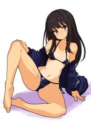 Rule 34 | 1girl, bikini, black hair, blue bikini, blush, breasts, buta-don, cameltoe, cleft of venus, closed mouth, crotch, full body, highres, inoue takina, long hair, looking at viewer, lycoris recoil, navel, purple eyes, simple background, small breasts, solo, spread legs, swimsuit, tan, tanline, white background