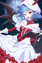Rule 34 | 1girl, alternate costume, bare shoulders, bat wings, blue hair, commission, fangs, full moon, fur trim, heart, highres, looking at viewer, mizoreshi, moon, open mouth, outdoors, pointy ears, red eyes, remilia scarlet, short hair, smile, solo, touhou, white headwear, wings