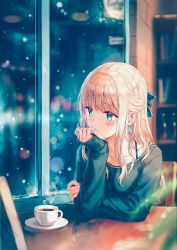 Rule 34 | 1girl, :/, blonde hair, blue eyes, blue ribbon, blurry, blush, bokeh, bra strap, cafe, chair, coffee, collarbone, cup, depth of field, earrings, hair ribbon, half updo, hand on own arm, hand on own chin, head rest, highres, hiten (hitenkei), indoors, jewelry, kagurazaka reina, long hair, long sleeves, looking away, looking outside, looking to the side, md5 mismatch, off shoulder, original, resolution mismatch, ribbon, saucer, sitting, sleeves past wrists, snow, solo, source larger, steam, sweater, table, teacup, window