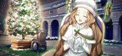 Rule 34 | 1girl, ^ ^, arch, artist request, belt, blush, brown hair, bush, capelet, child, christmas, christmas ornaments, christmas tree, closed eyes, coat, code geass, code geass: lost stories, cupping hands, facing viewer, female focus, flat chest, fur-trimmed capelet, fur-trimmed sleeves, fur hat, fur trim, game cg, gloves, glowing, grass, green ribbon, hands up, happy, hat, hat ornament, hat ribbon, highres, light blush, long hair, multiple views, night, non-web source, nunnally vi britannia, official art, open mouth, outdoors, own hands together, papakha, pocket, powered wheelchair, ribbon, sidelocks, sitting, smile, snow, snowing, sparkle, upper body, very long hair, wheelchair, white capelet, white coat, white gloves, white hat, white ribbon, winter clothes