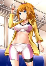 Rule 34 | 10s, 1girl, bike shorts, blonde hair, blue eyes, breasts, cameltoe, covered erect nipples, expressionless, gundam, gundam build fighters, gundam build fighters try, hand grip, highres, holding, hoshino fumina, interior, looking away, midriff, navel, no bra, ponytail, see-through, serious, short hair, skin tight, solo, sports bra, train, train interior, two-tone sports bra, yoshimo