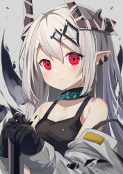 Rule 34 | 1girl, absurdres, arknights, bare shoulders, black gloves, blush, closed mouth, coat, collar, collarbone, demon horns, earrings, gloves, glowing, grey background, hair ornament, highres, horns, ikazu401, infection monitor (arknights), jewelry, long hair, long sleeves, looking at viewer, material growth, mudrock (arknights), mudrock (elite ii) (arknights), off shoulder, open clothes, open coat, oripathy lesion (arknights), pointy ears, red eyes, silver hair, simple background, solo, straight hair, tank top, upper body, very long hair, white coat