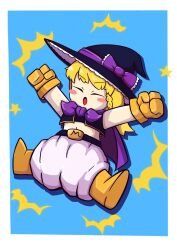 Rule 34 | 1girl, :o, black hat, black shirt, blonde hair, blue background, blush stickers, boots, border, bow, braid, cape, closed eyes, commentary request, cookie (touhou), cosplay, crop top, dragon ball, dragonball z, fat buu, full body, gloves, hat, hat bow, highres, jumping, kirisame marisa, long hair, majin buu, majin buu (cosplay), medium bangs, navel, open mouth, purple bow, purple cape, rei (cookie), shirt, shorts, side braid, single braid, solo, star (symbol), tatamaru5382, toriyama akira (style), touhou, white border, white shorts, witch hat, yellow footwear, yellow gloves