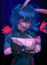 Rule 34 | 1girl, alternate costume, animal ears, blue background, blue hair, buttons, dark background, earclip, flat chest, gradient background, gun, hair between eyes, heshiko disco, highres, holding, holding gun, holding weapon, long hair, looking at viewer, low twintails, lunatic gun, mouth hold, parted lips, rabbit ears, red eyes, seiran (touhou), simple background, sleeves rolled up, solo, teeth, touhou, twintails, uneven eyes, upper body, upper teeth only, weapon
