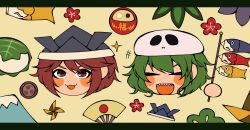 Rule 34 | + +, 1jumangoku, 2others, :3, alternate headwear, androgynous, black headwear, blush stickers, children&#039;s day, closed eyes, commentary, flat color, flower, green flower, hand fan, head only, headwear request, highres, holding, japanese flag print, katano sukune, kitsugai sese, koinobori, leaf, len&#039;en, mount fuji, mountain, multiple others, object request, open mouth, origami, paper crane, pinwheel, pointy hair, purple flower, red eyes, red flower, red hair, sharp teeth, short hair, skull-shaped hat, smile, sparkle, teeth, upper teeth only, v-shaped eyebrows, wavy hair, white background, windsock