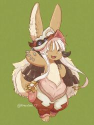 Rule 34 | 1other, bad id, bad twitter id, brown eyes, furry, green background, highres, kawasemi27, long hair, made in abyss, nanachi (made in abyss), one eye closed, open mouth, rabbit, simple background, solo, whiskers, white hair