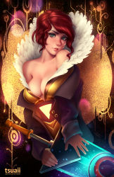 Rule 34 | 1girl, bare shoulders, blue eyes, breasts, cleavage, eyebrows, feather collar, head tilt, high collar, holding, holding weapon, jacket, lips, looking at viewer, medium breasts, no bra, off shoulder, parted lips, red (transistor), red hair, revision, solo, the transistor, transistor (game), tsuaii, watermark, weapon, web address