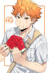 Rule 34 | 1boy, absurdres, border, breast pocket, character name, chewing, closed mouth, collared shirt, eating, food, fruit, haikyuu!!, highres, hinata shouyou, holding watermelon, kwonrugger, looking at viewer, male focus, orange border, orange eyes, orange hair, pocket, shirt, short hair, short sleeves, solo, twitter username, upper body, watermelon, watermelon slice, white background, white shirt