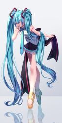 Rule 34 | 1girl, absurdly long hair, absurdres, ahoge, back bow, black bow, black skirt, blouse, blue hair, blue nails, blue necktie, bow, breasts, closed eyes, closed mouth, collared shirt, full body, grey background, hair ornament, hatsune miku, highres, holding, holding bow (ornament), inu8neko, leaning forward, long hair, medium breasts, miniskirt, nail polish, necktie, pantyhose, pleated skirt, shirt, skirt, sleeveless, sleeveless shirt, smile, solo, standing, twintails, very long hair, vocaloid, white shirt, wing collar, yellow footwear