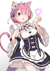 Rule 34 | 1girl, absurdres, animal ear fluff, animal ears, apron, black bow, black dress, black ribbon, black sleeves, blush, bow, breasts, cat ears, cat girl, cat tail, choker, cleavage, commentary request, detached sleeves, dress, expressionless, eyelashes, flower, frilled apron, frilled choker, frilled dress, frilled sleeves, frills, hair flower, hair ornament, hair over one eye, hands up, heart, highres, long hair, maid, miu (angelo whitechoc), open mouth, paw pose, pink hair, pink tail, ram (re:zero), re:zero kara hajimeru isekai seikatsu, red eyes, ribbon, simple background, small breasts, solo, standing, tail, thighhighs, white apron, white background, white bow, white choker, white thighhighs, wide sleeves, x hair ornament