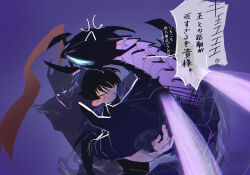 1boy anger_vein angry armor aura beru_(solo_leveling) black_hair blue_eyes blush cheek_press chromatic_aberration closed_mouth full_armor glowing glowing_eyes glowing_wings hair_between_eyes highres holding hug igris_(solo_leveling) knight kou_801 male_focus monster pants plume protecting purple_background shirt short_hair solo_leveling sung_jin-woo sweatdrop wings