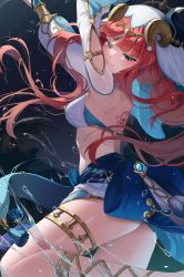 Rule 34 | 1girl, absurdres, aqua eyes, arms up, back, back tattoo, blue skirt, bracer, breasts, circlet, closed mouth, dancer, detached sleeves, floating hair, from side, genshin impact, gladiator sandals, gold footwear, harem outfit, highres, leg up, long hair, long sleeves, looking at viewer, low twintails, medium breasts, nilou (genshin impact), parted bangs, puffy long sleeves, puffy sleeves, sandals, shant 07, skirt, solo, tattoo, thighlet, twintails, veil, vision (genshin impact), wet, white headwear, white sleeves