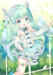 Rule 34 | 1girl, absurdres, blue flower, blue wings, blush, commission, detached sleeves, dress, flower, gradient sleeves, green eyes, green hair, hair flower, hair ornament, highres, indie virtual youtuber, kemamire, long hair, open mouth, sidelocks, single leg pantyhose, skeb commission, smile, solo, sorayuri hami, thigh strap, twintails, white flower, wings
