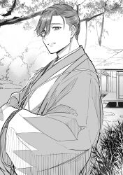 Rule 34 | 1boy, architecture, building, east asian architecture, fate/grand order, fate (series), from side, grass, greyscale, hair over one eye, hair pulled back, hands in opposite sleeves, haori, highres, itokon300, japanese clothes, kimono, looking at viewer, looking to the side, male focus, monochrome, parted lips, shinsengumi, short hair, smile, solo, tree, upper body, yamanami keisuke (fate)