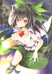 Rule 34 | 1girl, :q, arm cannon, bad id, bad pixiv id, black hair, black wings, bow, breasts, funnyfunny, hair bow, long hair, red eyes, reiuji utsuho, solo, third eye, tongue, tongue out, touhou, weapon, wings