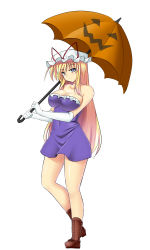 Rule 34 | 1girl, absurdres, adapted costume, alternate costume, bare shoulders, blonde hair, blush, boots, breasts, brown footwear, collarbone, come hither, dress, elbow gloves, covered erect nipples, full body, gloves, halloween, hat, highres, large breasts, legs, long hair, looking at viewer, mob cap, mokkori9, purple dress, purple eyes, short dress, solo, strapless, strapless dress, touhou, umbrella, very long hair, white gloves, yakumo yukari