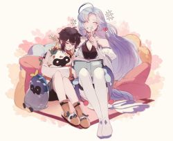 Rule 34 | 1boy, 1girl, androgynous, black hair, blue hair, dongbaegsi, closed eyes, finger to mouth, highres, laughing, leaning on person, long hair, lord of heroes, lumie miratisa, lumie miratisa (water), nine (dark), nine (lord of heroes), hugging object, pale skin, pillow, pointy ears, shushing, smile, stuffed animal, stuffed toy, trap