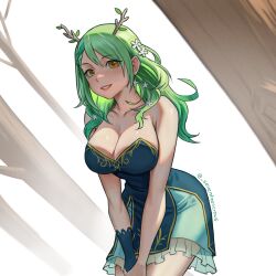 Rule 34 | 1girl, antlers, armpit crease, artist name, bare shoulders, branch, breasts, ceres fauna, ceres fauna (1st costume), cleavage, collarbone, commentary, dress, english commentary, flower, frills, green dress, green hair, grin, hair flower, hair ornament, highres, hololive, hololive english, horns, large breasts, leaf, leaning forward, lips, looking at viewer, mole, mole under eye, off-shoulder dress, off shoulder, seventeencrows, sleeveless, sleeveless dress, smile, solo, strapless, strapless dress, tree, twitter username, virtual youtuber, wavy hair, white flower, yellow eyes