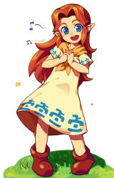 Rule 34 | 1girl, ankle boots, bad id, bad pixiv id, beamed quavers, blue eyes, boots, brown hair, dress, flat chest, full body, long hair, malon, metata, musical note, neckerchief, nintendo, own hands clasped, own hands together, pigeon-toed, pointy ears, quaver, red hair, simple background, smile, solo, the legend of zelda, the legend of zelda: ocarina of time