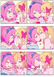 Rule 34 | 2girls, ^ ^, aikatsu! (series), aikatsu stars!, bare shoulders, blonde hair, blue bow, blue eyes, blue hairband, blush, bow, closed eyes, closed mouth, commentary request, daisuki (piroshikis1), eye contact, gradient hair, hair bow, hairband, half-closed eyes, heads together, heart, highres, jewelry, kiss, kiss day, kissing cheek, long hair, looking at another, multicolored hair, multiple girls, multiple views, necklace, nijino yume, notice lines, open mouth, pink hair, ponytail, profile, red bow, sakuraba rola, sequential, sidelocks, smile, twintails, upper body, white background, yuri
