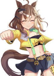 Rule 34 | 1girl, absurdres, ahoge, animal ears, black skirt, breasts, clenched hands, closed mouth, commentary request, cowboy shot, crop top, cropped jacket, earrings, hair between eyes, hair ornament, hand on own hip, highres, horse ears, horse girl, horse tail, jacket, jewelry, jungle pocket (umamusume), kaniitama, long sleeves, medium hair, midriff, navel, punching, simple background, single earring, skirt, small breasts, smile, solo, tail, textless version, umamusume, white background, x hair ornament, yellow jacket