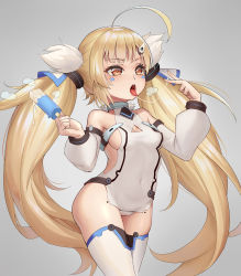 Rule 34 | absurdres, ahoge, azur lane, blonde hair, breasts, cleavage, collarbone, commentary request, detached sleeves, eldridge (azur lane), facial tattoo, food, hair ornament, hairclip, heavy breathing, highres, hongye feixue, long hair, open mouth, orange eyes, popsicle, saliva, saliva trail, sideboob, sleeveless, small breasts, solo, tattoo, thighhighs, tongue, tongue out, twintails