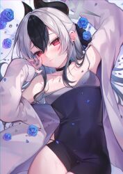 1girl armpits black_choker black_dress black_hair black_horns blue_archive blue_flower breasts choker collarbone dayuh demon_horns dress ear_piercing flower gradient_hair grey_halo grey_jacket halo highres horns jacket kayoko_(blue_archive) kayoko_(dress)_(blue_archive) long_hair mole mole_on_collarbone multicolored_hair official_alternate_costume piercing red_eyes short_dress small_breasts solo studded_choker white_hair