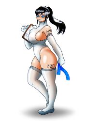 Rule 34 | 1girl, artificial eye, black hair, blue eyes, breasts, clone, condom, costume, elbow gloves, galejro, gloves, highres, huge breasts, inverted nipples, kneehighs, large areolae, large breasts, long hair, mechanical eye, non-web source, oiled, one-piece swimsuit, original, pantyhose, ponytail, see-through, self-upload, smile, socks, solo, swimsuit, thighhighs, zoei