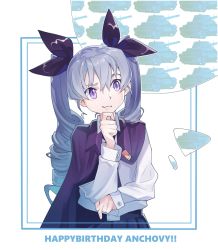 Rule 34 | 10s, 1girl, :3, anchovy (girls und panzer), bad id, bad pixiv id, blue hair, bow, cape, character name, commentary, drill hair, english text, girls und panzer, hair between eyes, hair bow, hand on own chin, happy birthday, kamameshi gougoumaru, long hair, long sleeves, looking away, military, military vehicle, motor vehicle, purple cape, purple eyes, smile, solo, tank, thinking, twin drills, upper body
