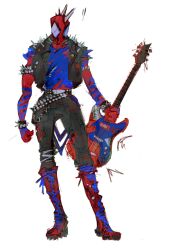 Rule 34 | boots, electric guitar, guitar, highres, holding, holding instrument, instrument, kadzu3, looking at viewer, male focus, marvel, mask, simple background, spider-man: across the spider-verse, spider-man (series), spider-punk, spider-verse, spikes, standing, vest