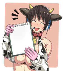 Rule 34 | 10s, 1girl, animal ears, animal print, bare shoulders, bell, neck bell, breasts, brown hair, collar, cow ears, cow horns, cow print, darabuchi, detached sleeves, headset, horns, huge breasts, idolmaster, idolmaster cinderella girls, oikawa shizuku, open mouth, short hair, sketchbook, smile, solo, sweat