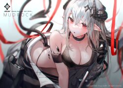 Rule 34 | a0lp, arknights, bare shoulders, bikini, black bikini, black choker, black gloves, blurry, choker, crossed bangs, demon girl, demon horns, demon tail, depth of field, english text, gloves, highres, horns, jacket, leaning forward, long hair, looking at viewer, messy hair, mudrock (arknights), open clothes, open jacket, open mouth, originium (arknights), pointy ears, red eyes, shiny skin, swimsuit, tail, very long hair, white background, white hair