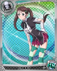 Rule 34 | 10s, 1girl, aqua eyes, brown hair, card (medium), character name, chess piece, high school dxd, long hair, looking at viewer, nimura ruruko, official art, pawn (chess), pleated skirt, purple skirt, skirt, smile, solo, striped clothes, striped thighhighs, thighhighs, torn clothes, torn skirt, torn thighhighs, trading card, twintails