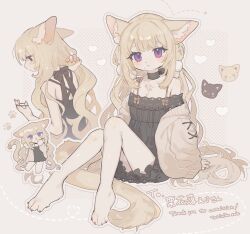 1girl animal_ears bare_shoulders barefoot black_choker black_dress blonde_hair bow_choker cardigan cat_ears cat_girl cat_tail chibi chibi_inset choker commission commissioner_name dress fewer_digits frilled_dress frills full_body furry furry_female gomafuto hair_spread_out halftone halftone_background highres holding_hair_tie knees_together_feet_apart lace lace-trimmed_dress lace_trim long_hair looking_at_viewer low_twintails mole mole_under_mouth multiple_views original outline parted_lips pom_pom_(clothes) purple_eyes signature sitting skeb_commission tail twintails tying_hair white_outline yellow_background yellow_cardigan