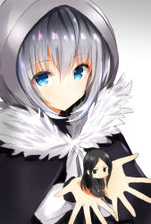 Rule 34 | 1boy, 1girl, black cape, black eyes, black hair, black shirt, blue eyes, cape, chibi, closed mouth, collared shirt, commentary request, fate (series), fur-trimmed cape, fur trim, gradient background, gray (fate), grey background, grey jacket, grey pants, hair between eyes, highres, hood, hood up, in palm, jacket, long hair, long sleeves, looking at viewer, lord el-melloi ii, lord el-melloi ii case files, mini person, miniboy, nanakusa amane, pants, shirt, silver hair, very long hair, waver velvet, white background, white shirt