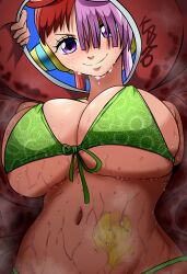 Rule 34 | 1girl, absurdres, bikini, breasts, cleavage, commentary, curvy, eyelashes, from below, green bikini, hair over one eye, highres, hood, hoodie, huge breasts, le reef, long hair, looking at viewer, low twintails, multicolored hair, navel, one piece, purple eyes, shiny skin, signature, smile, steam, steaming body, sweat, swimsuit, tattoo, thong bikini, twintails, two-tone hair, under another&#039;s clothes, underboob, upper body, uta (one piece), very long hair, wet, wide hips