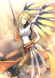 Rule 34 | 1girl, armor, artist name, between legs, blonde hair, blue eyes, bodysuit, breasts, brown pantyhose, cloud, cowboy shot, faulds, glowing, glowing wings, greaves, hair tie, halo, high ponytail, holding, holding staff, large breasts, light particles, light smile, looking at viewer, mechanical halo, mechanical wings, mercy (overwatch), mizonaki, overwatch, overwatch 1, pantyhose, pelvic curtain, signature, solo, spread wings, staff, wings, yellow wings