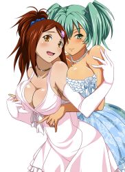 Rule 34 | 00s, 2girls, bachou mouki, bare shoulders, blue dress, blush, breast press, breasts, brown eyes, brown hair, cleavage, collarbone, dress, elbow gloves, extraction, gloves, green eyes, green hair, hair ornament, hair scrunchie, holding hands, ikkitousen, jewelry, large breasts, long hair, looking at viewer, multiple girls, necklace, open mouth, ponytail, ryofu housen, scrunchie, short hair, sideboob, strapless, strapless dress, transparent background, twintails, white dress, white gloves, yuri