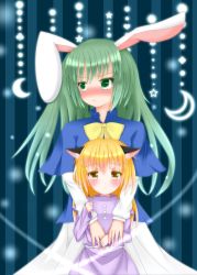 Rule 34 | 2girls, :&lt;, absurdres, aged down, animal ears, blonde hair, blush, bow, capelet, cat ears, crescent, dress, embarrassed, green eyes, green hair, high collar, highres, holding another&#039;s arm, holding finger, kemonomimi mode, kirisame marisa, kirisame marisa (pc-98), light particles, light trail, long hair, long sleeves, looking at viewer, looking away, mima (touhou), multiple girls, no headwear, rabbit ears, skirt, skirt set, star (symbol), striped, striped background, touhou, touhou (pc-98), vertical stripes, weapon, xue ye, yellow eyes